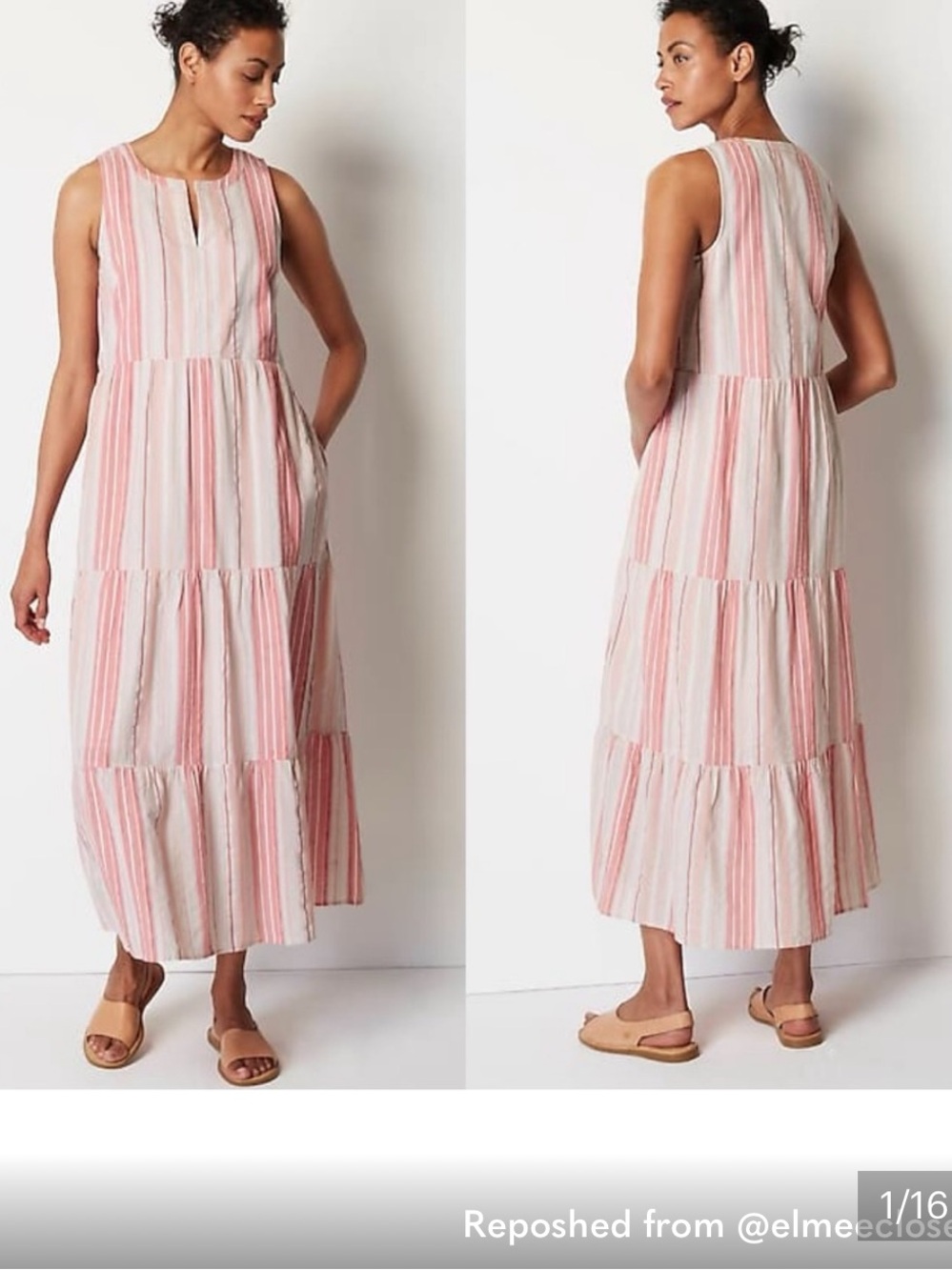 J. Jill Pink and White Striped Sleeveless Tiered Cotton Maxi Dress #cottage core